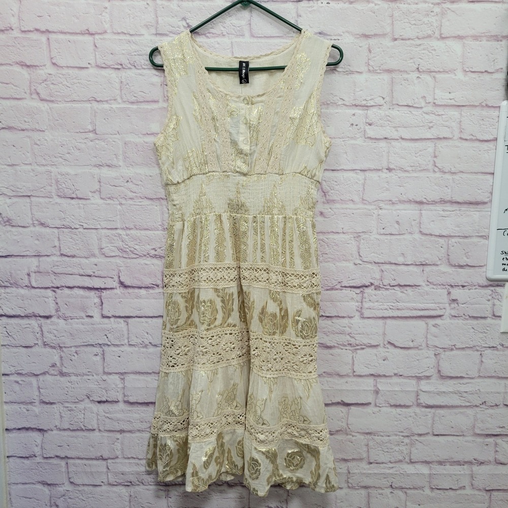 NEW Me 2 Magic Boho Crochet Lace Midi Dress L Gold Floral 100% Cotton Cottage